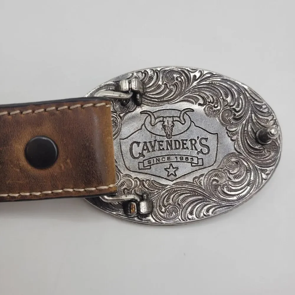 Cavender's Belt Boy 22‎ Brown Leather Oval Rodeo Buckle Western Cowboy Floral